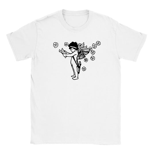 A flat lay image of a plain white crew neck t-shirt with a black line drawn antique cherub illustration. The figure in the image is looking down and reading a book surrounded by drawings of flowers