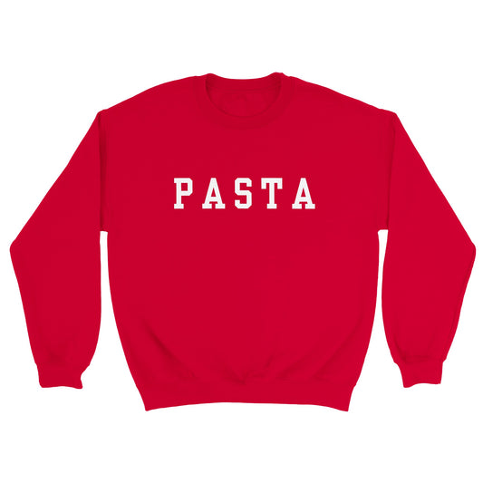 flat lay image of a bright pillar box red long sleeve crew neck sweatshirt which has the word PASTA written in capital letters. The text is in the style of 1950s high school year book lettering and white