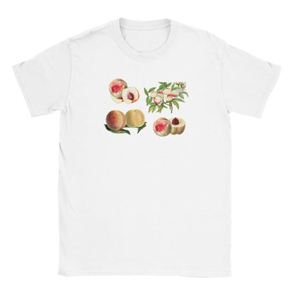 plain white crew neck t-shirt with a victorian illustration of peaches