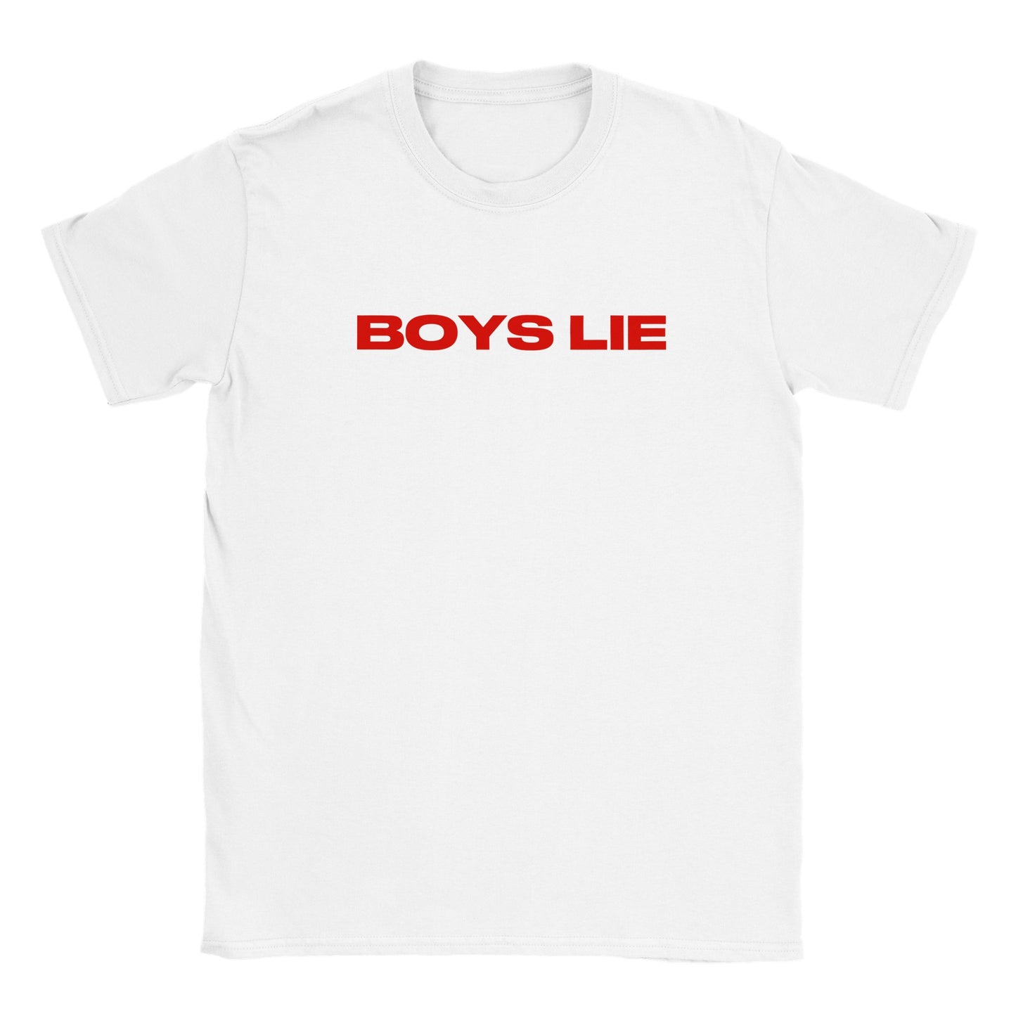 white cotton t-shirt with a slogan saying boys lie in red block capital letters