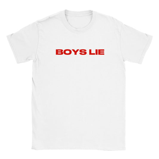 white cotton t-shirt with a slogan saying boys lie in red block capital letters