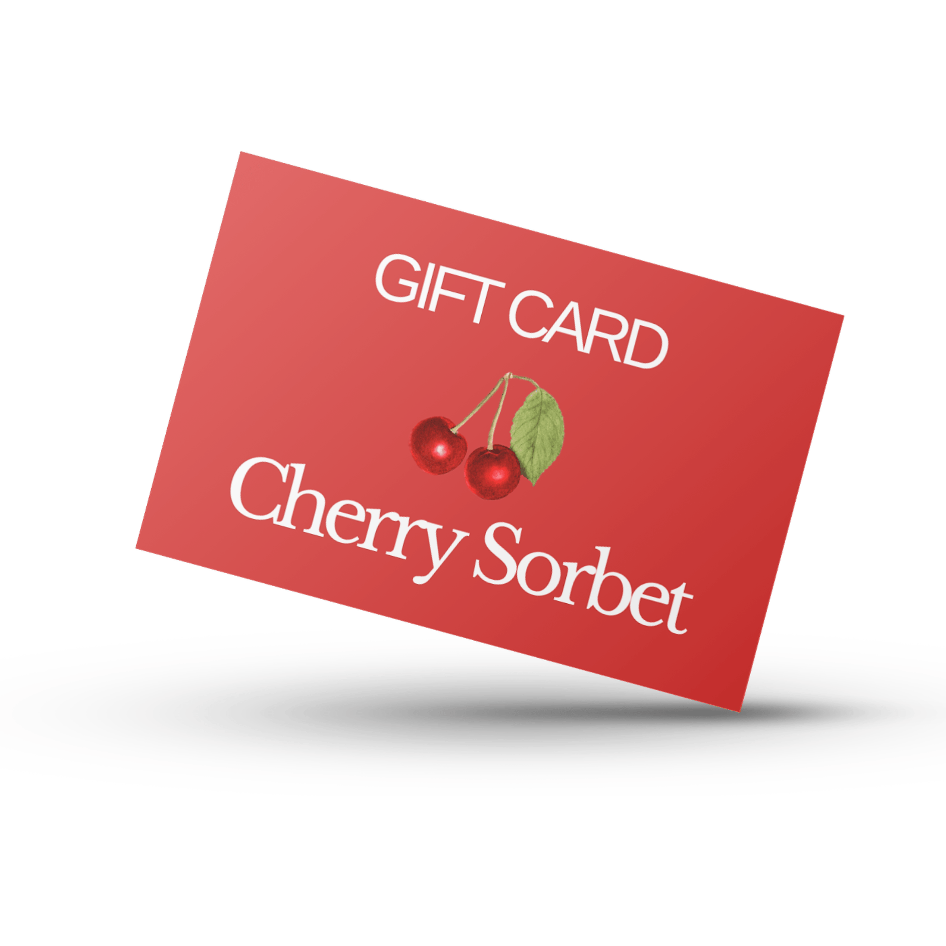 Red card with the words "gift card" and "cherry sorbet" printed on them and an illustration of some cherries