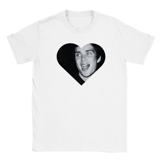 white tee with a black and white vintage style image of cillian murphy on the front inside a large heart