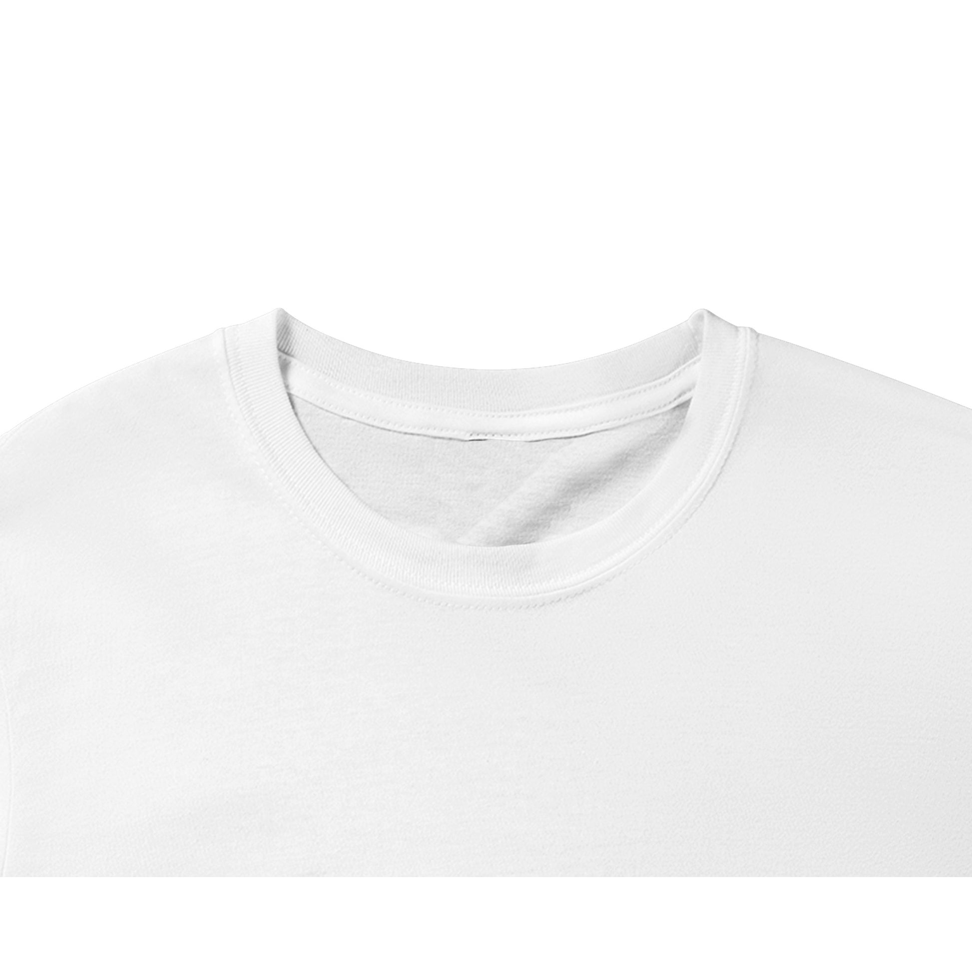 a flat lay image of a classic white plain basic t-shirt. The image shows a detail shot of a traditional ribbed crew neck collar of a cotton t-shirt. 