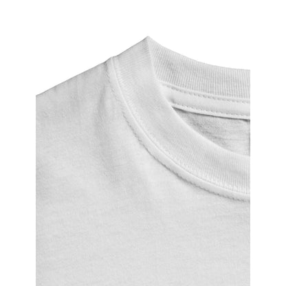 image of a ribbed crew neck collar on a white cotton t-shirt