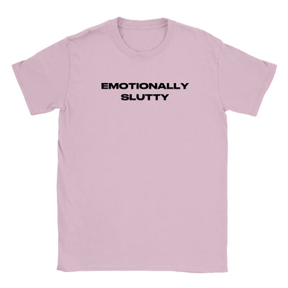 Flat lay of a light pink crew neck t-shirt with black block lettering in capitals saying emotionally slutty