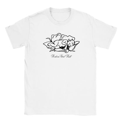 flat lay image of a basic white cotton t-shirt by the brand Gildan. On the front of the baby tee is a victorian illustration of a fairy baby asleep inside a flower. Under the hand drawn vintage illustration is the words "forlorn girl fall" which is written in cursive handwriting style typography and printed in black