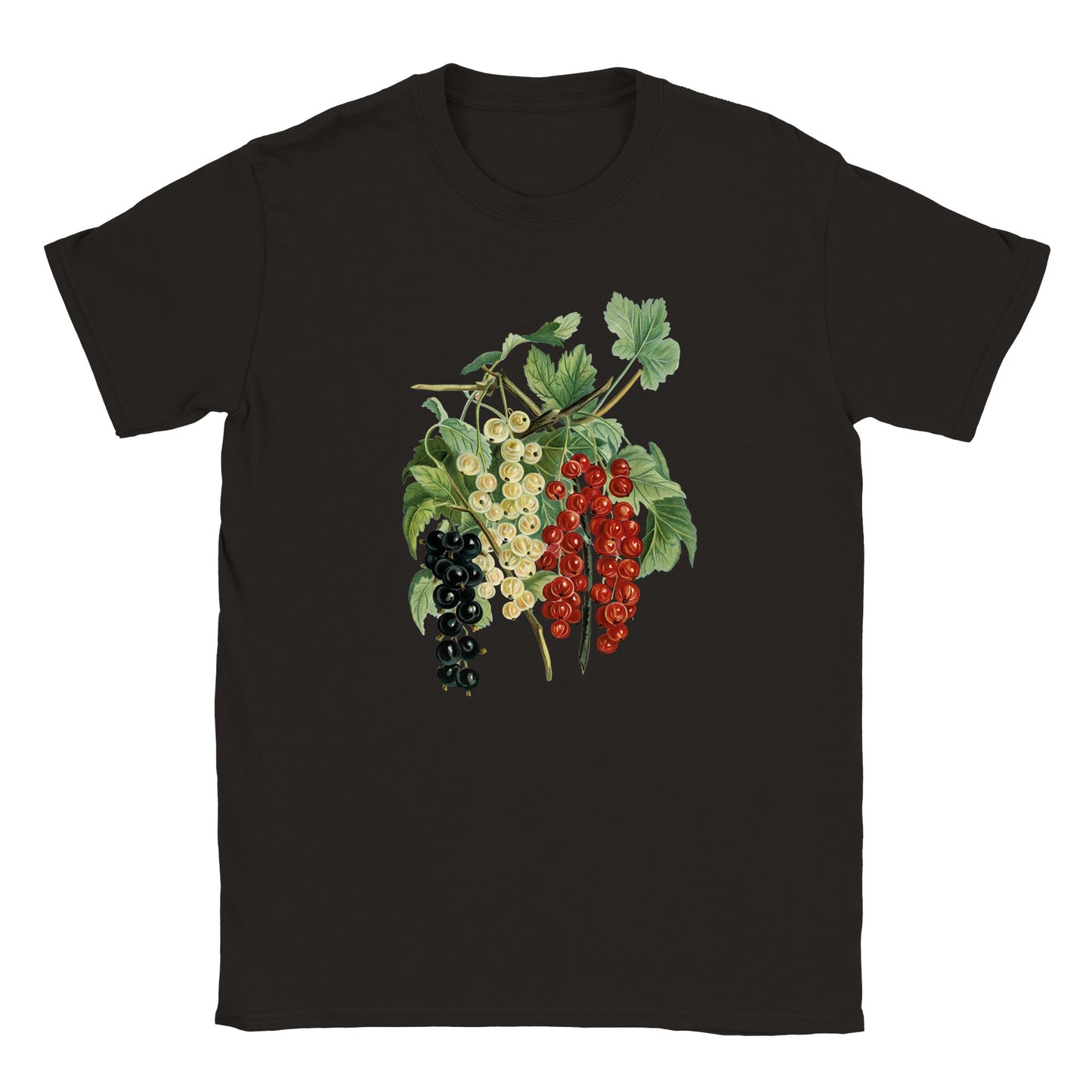 Image of a black graphic printed t-shirt with a hand drawn antique illustration of a bunch of purple white and red berries in a romantic style