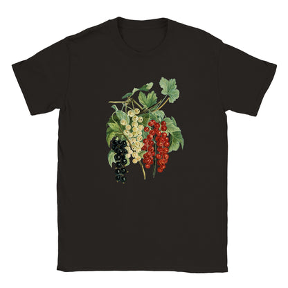 Image of a black graphic printed t-shirt with a hand drawn antique illustration of a bunch of purple white and red berries in a romantic style