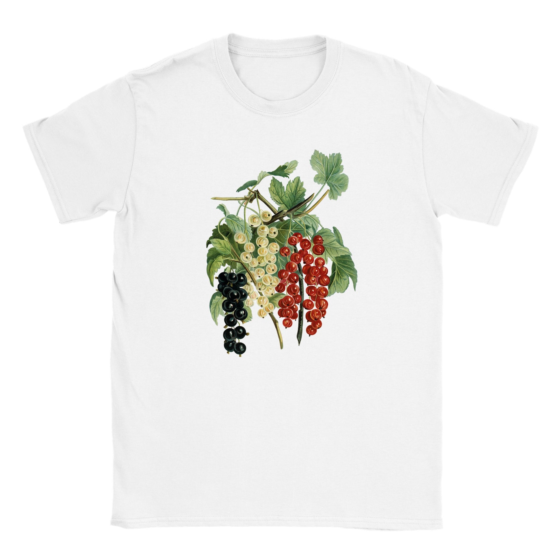 Image of a black graphic printed t-shirt with a hand drawn antique illustration of a bunch of purple white and red berries in a romantic style