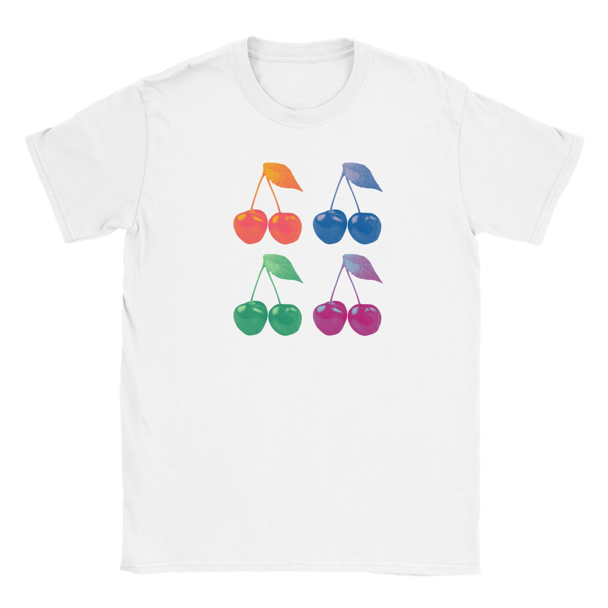 Flat lay image of a classic white t-shirt with a grid of 4 digitally altered cherries in the pop art style. The cherries have been edited to be monochromatic in colour and are green, pink, orange and blue