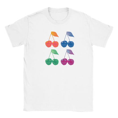 Flat lay image of a classic white t-shirt with a grid of 4 digitally altered cherries in the pop art style. The cherries have been edited to be monochromatic in colour and are green, pink, orange and blue