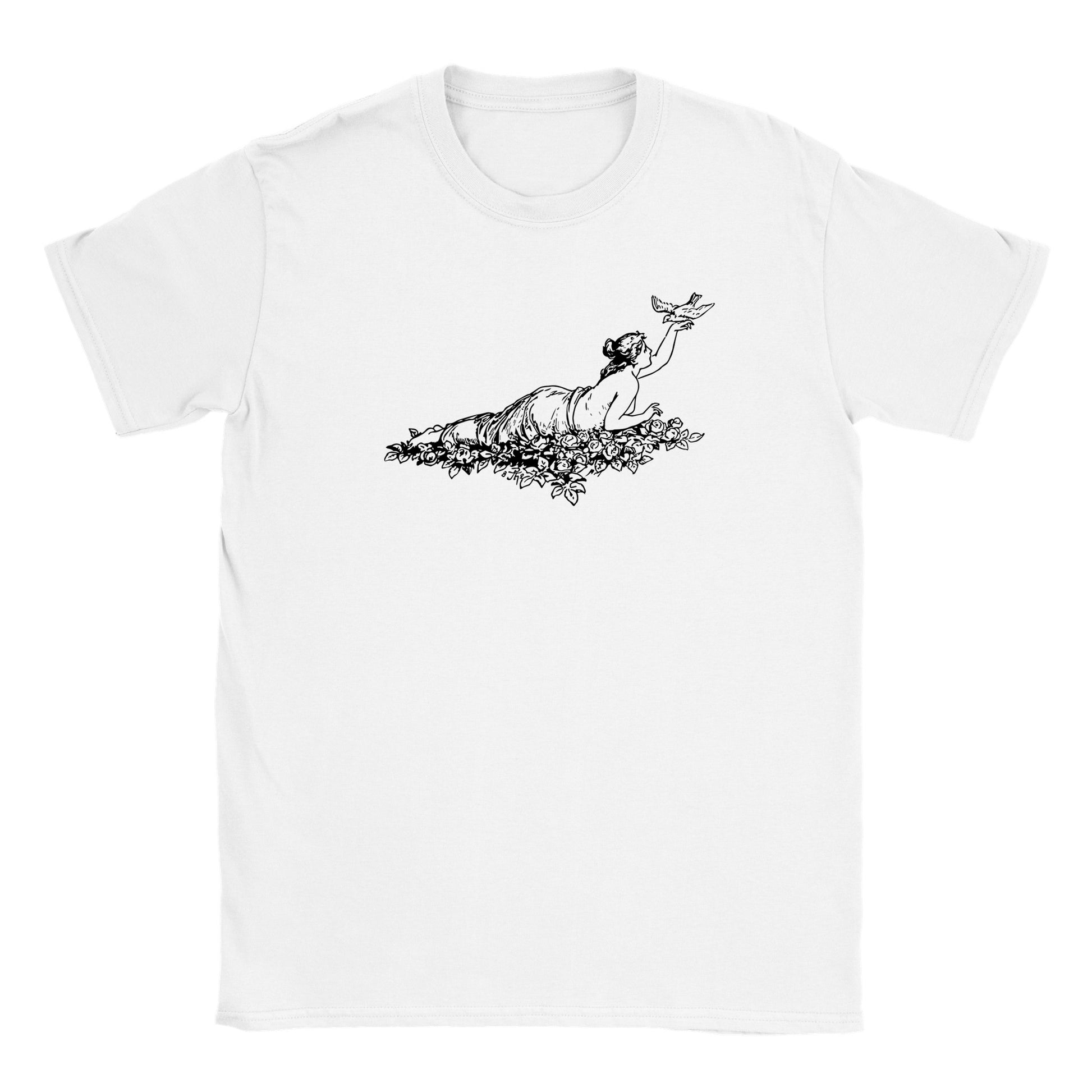 white tee with a black line drawing illustration of a nude woman reaching out to touch a dove wistfully