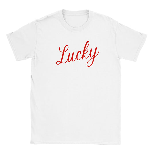 White crew neck t-shirt with a red handwriting cursive script that says "lucky"