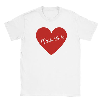 Flat lay image of a plain white crew neck t-shirt with a graphic printed motif of a classic red heart with the word 'masturbate' inside. The slogan is written in handwriting cursive style type in white. 