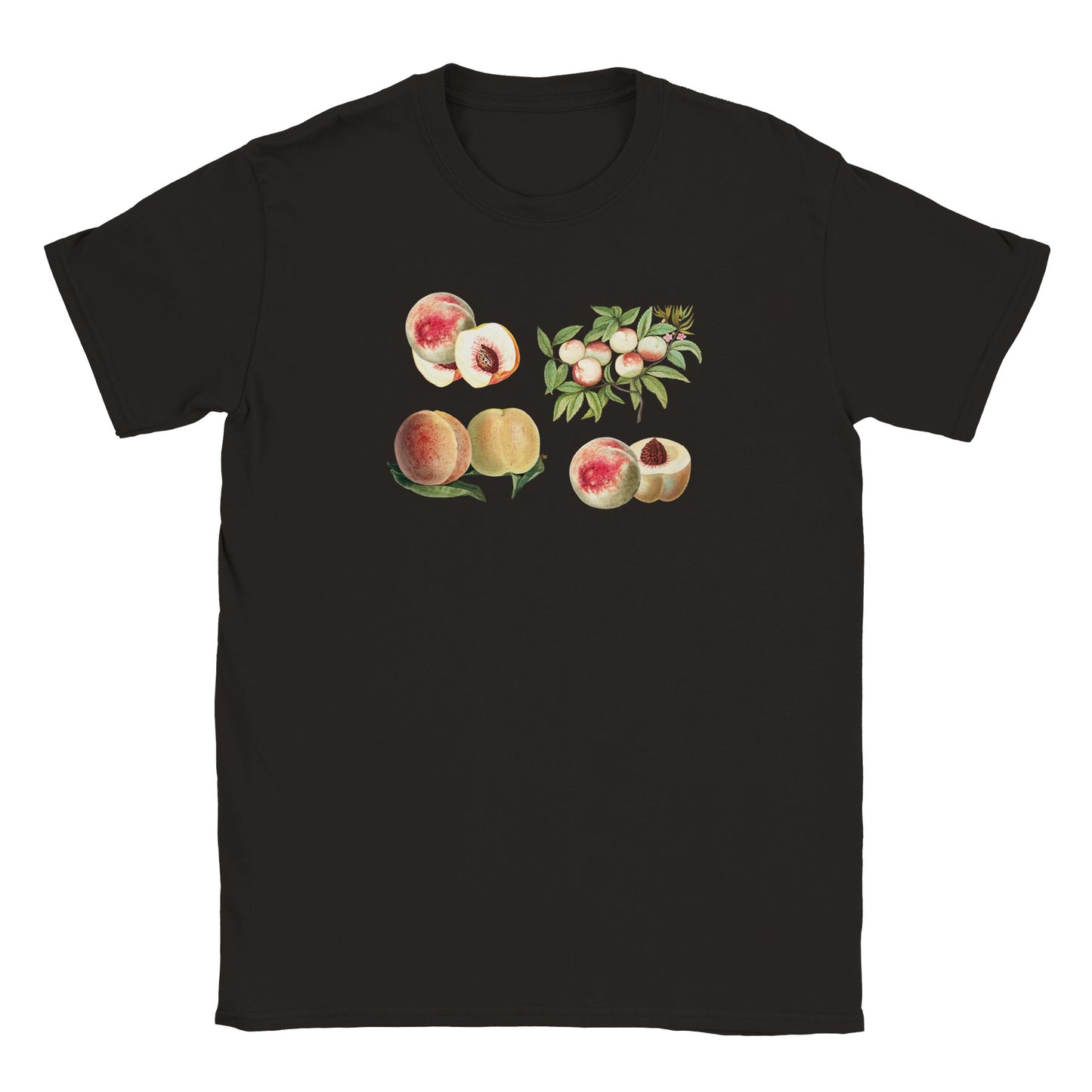 plain black crew neck t-shirt with an antique hand drawn illustration of peaches