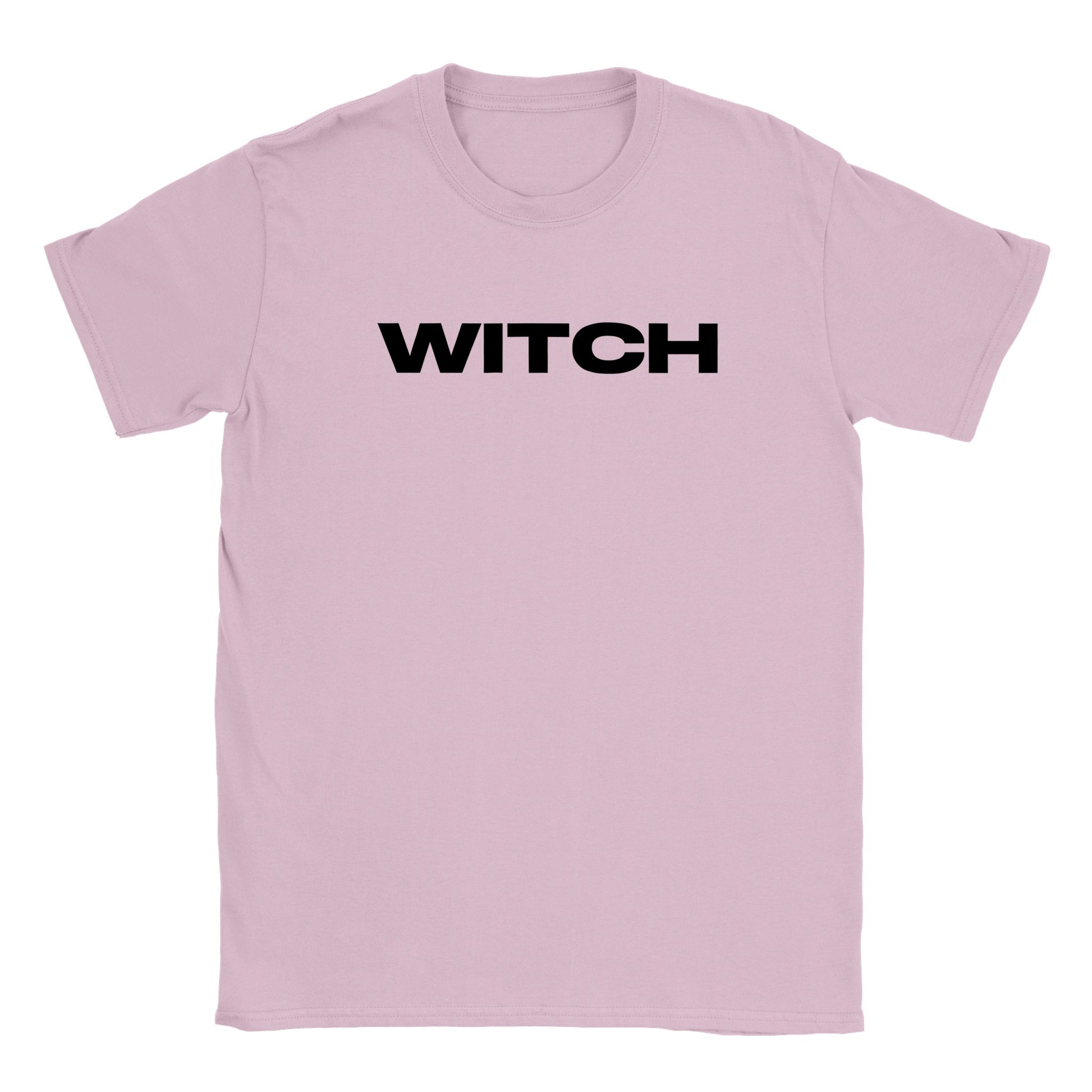 flat lay image of a light pink crew neck t-shirt depicting the word WITCH in black block capitals