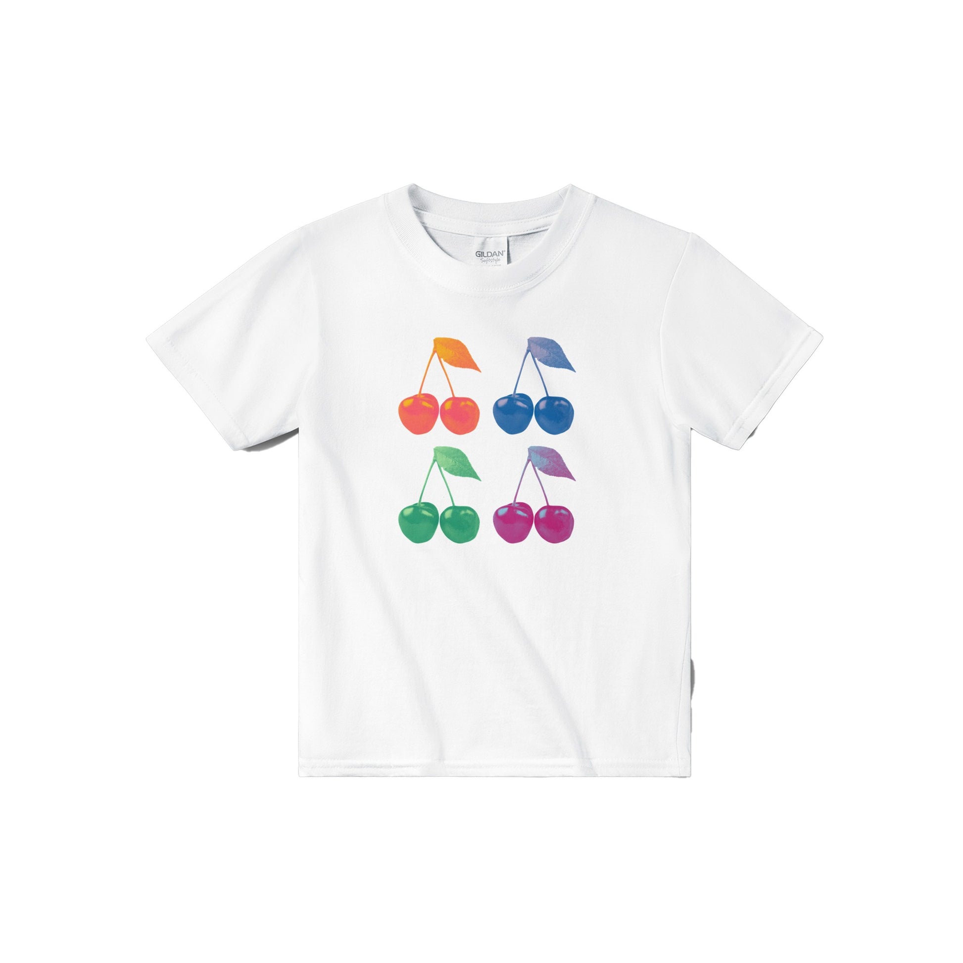 Flat lay image of a white classic crew neck t-shirt with a pop art style grid of 4 cherries. The photos have been digitally edited to make the fruit bold monochrome colours such as green, pink, blue and orange