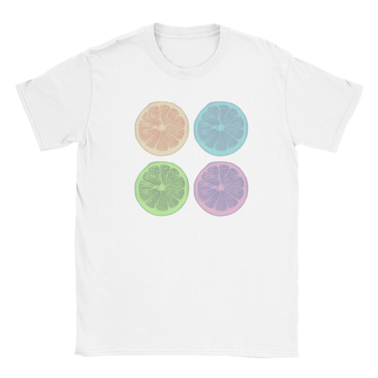 White crew neck short sleeved t-shirt with a graphic of 4 lemon slices in pastel colors 