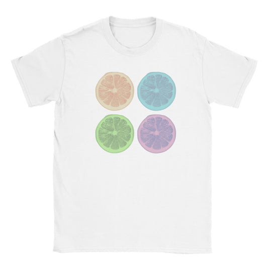 White crew neck short sleeved t-shirt with a graphic of 4 lemon slices in pastel colors 