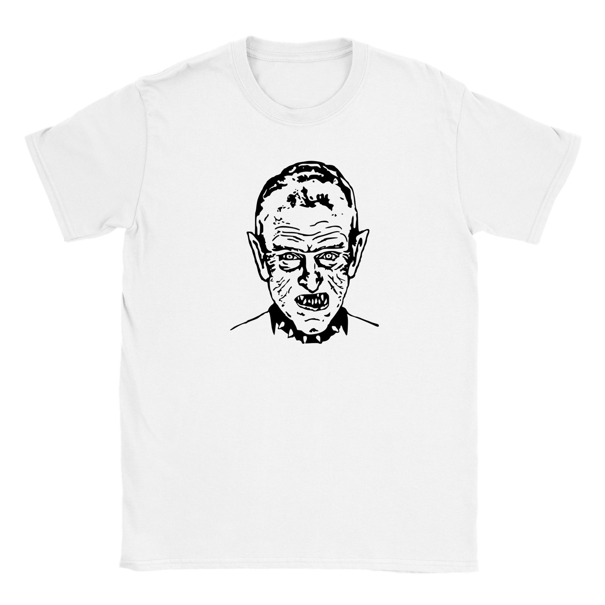 flat lay of a white crewneck t-shirt with short sleeves, the image is taken from above on a white background and shows the front of the t-shirt which has a digitally printed illustration of a line drawn horror character. the line drawn image is an artists depiction of a vampire grimacing towards the viewer with vintage style hair and a black leather spiked dog collar on. the drawing shows his head only