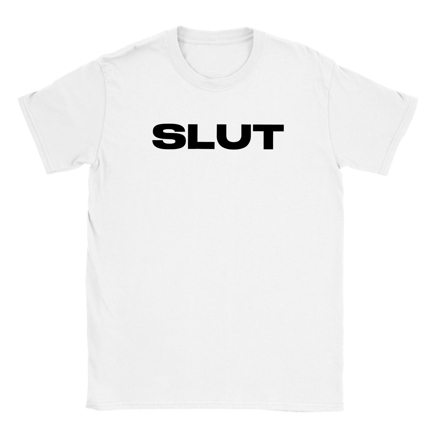 Flat lay image of a white crew neck t-shirt featuring the word slut in bold black capital letters