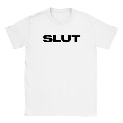 Flat lay image of a white crew neck t-shirt featuring the word slut in bold black capital letters