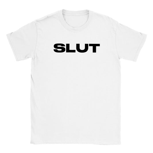 Flat lay image of a white crew neck t-shirt featuring the word slut in bold black capital letters