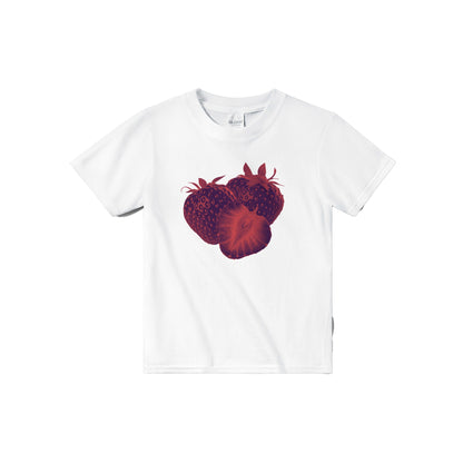 White crew neck classic t-shirt with three large strawberries as a printed graphic motif. The strawberries have been digitally edited in a pop art style, inspired by the art of Andy Warhol. The fruit has been altered to appear dark red in colour.