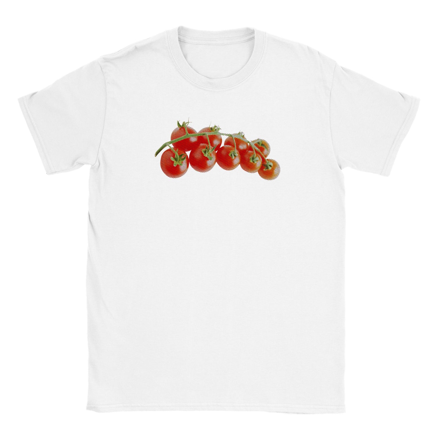 Front flat lay image of a white crew neck t-shirt with a digital image of vine tomatoes, altered to look as though they are on a 1990s VCR screen