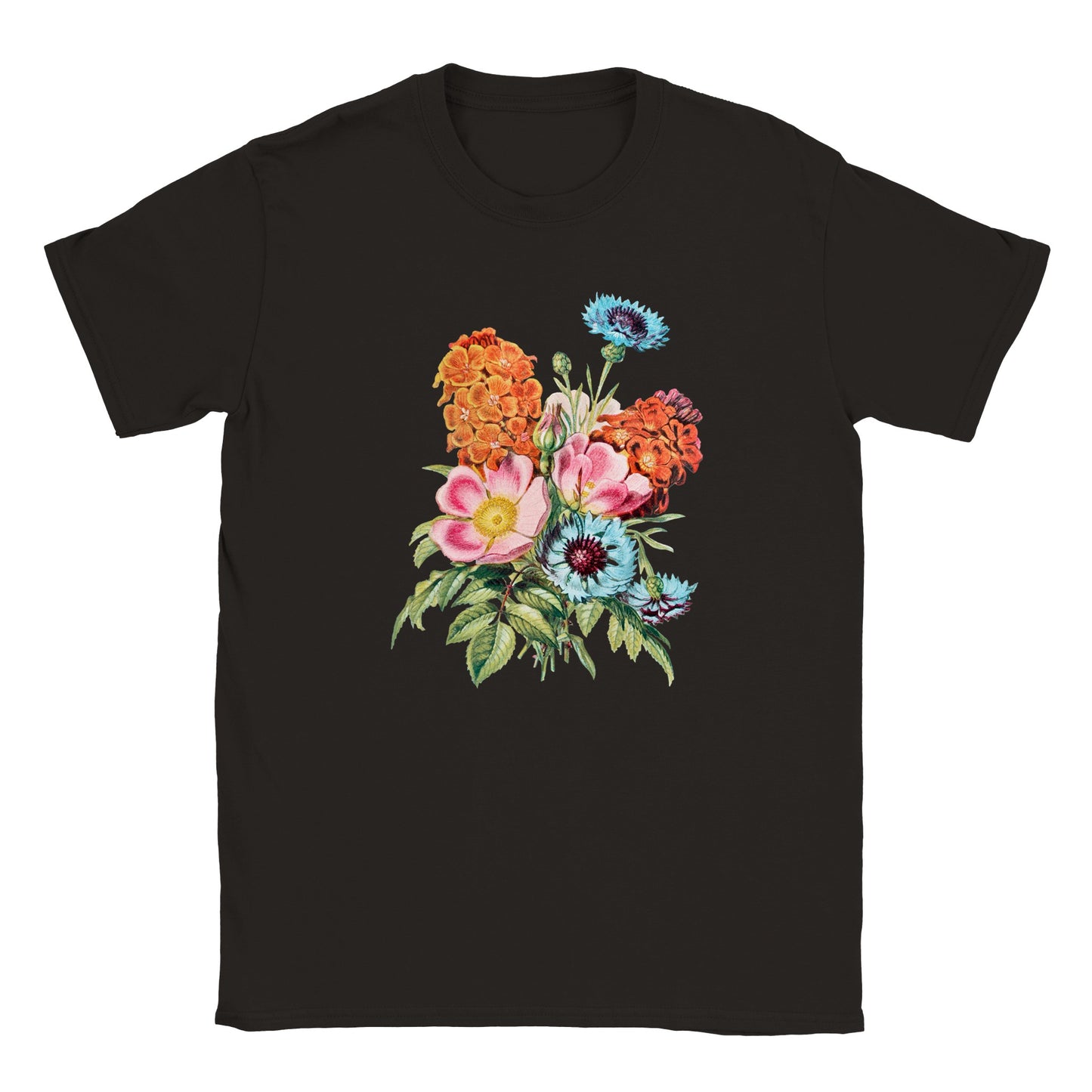 plain black crew neck tee with a hand drawn antique illustration of a bright bunch of vintage flowers. The wild flowers are pink, blue and orange with green leaves. 