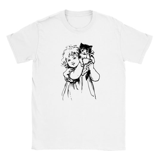 Flat lay image of a white classic crew neck t-shirt with a hand drawn antique illustration in black ink of a girl child proudly holding up a kitten wearing a bow. 