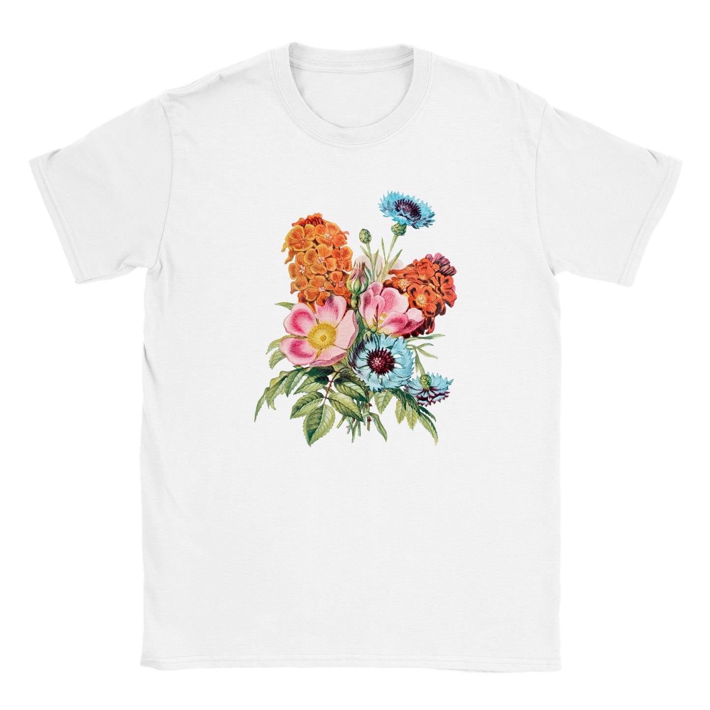 image of a white classic crew neck t-shirt with a wildflower vintage style floral arrangement. The print is a digital version of a hand drawn antique illustration with green leaves, blue, orange and pink flowers in a large bouquet.