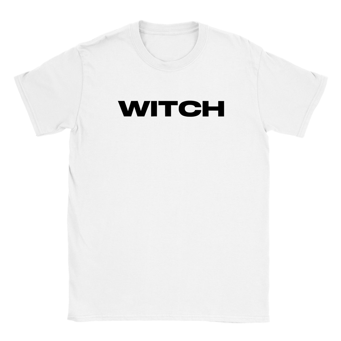 flat lay image of a white basic crewneck t-shirt with the word WITCH in block capitals. The text is black and bold