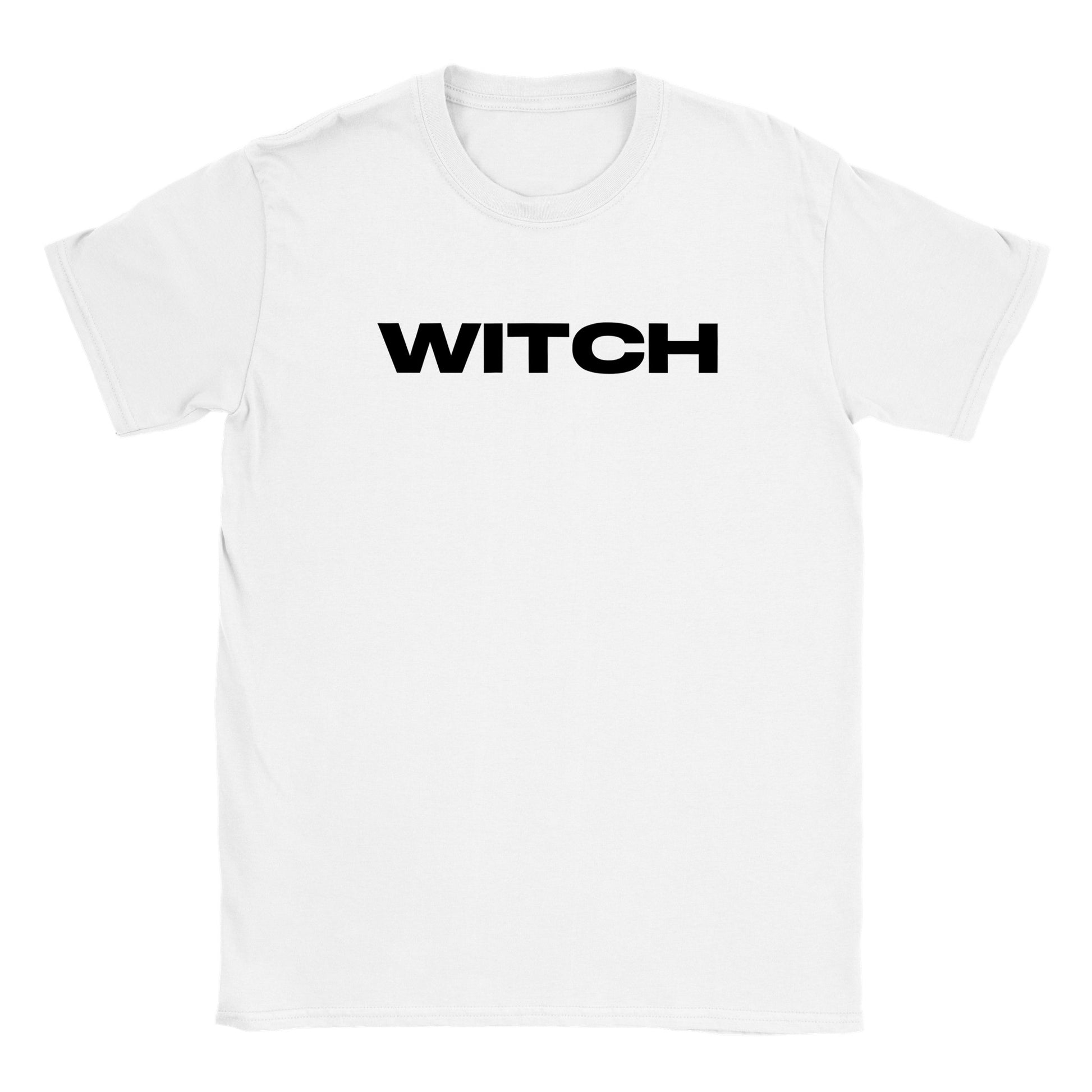 flat lay image of a white basic crewneck t-shirt with the word WITCH in block capitals. The text is black and bold