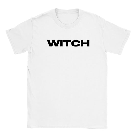 flat lay image of a white basic crewneck t-shirt with the word WITCH in block capitals. The text is black and bold